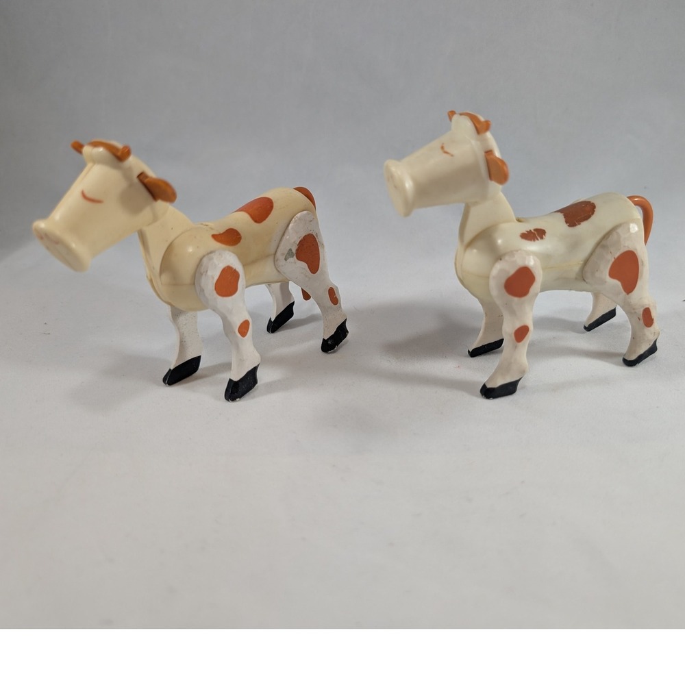 Vintage Fisher Price Toy Cows, Plastic‎ Pull Toys, Orange Spot Farm Animal Lot